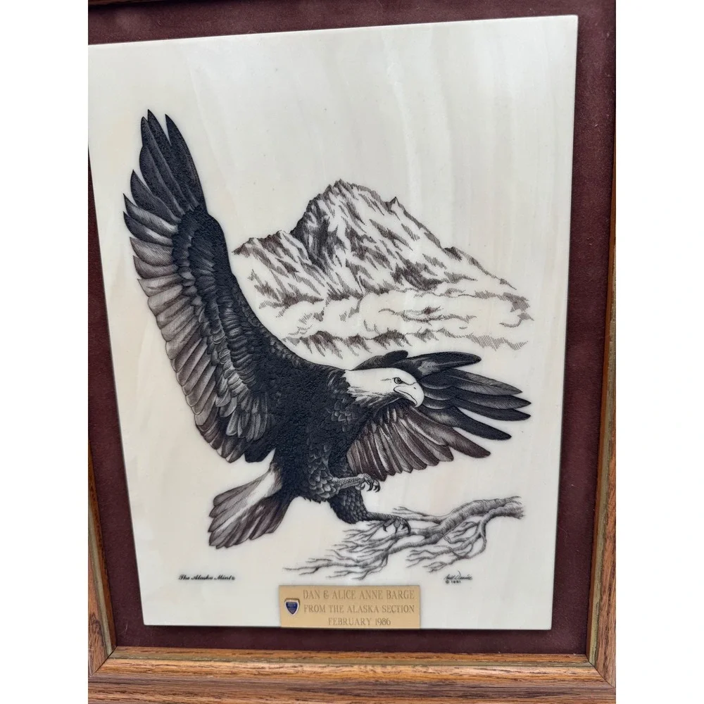 Vintage Bill Devine‎ Alaska Mint Kiana Bald Eagle Scrimshaw Etching Framed 1981